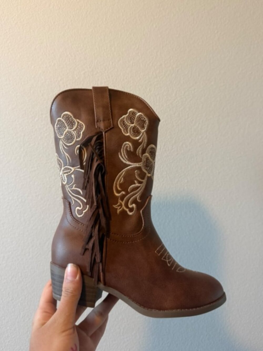 Coutgo Girls Cowboy Boots Tassel Fringe Embroidered Mid Calf Western Boots